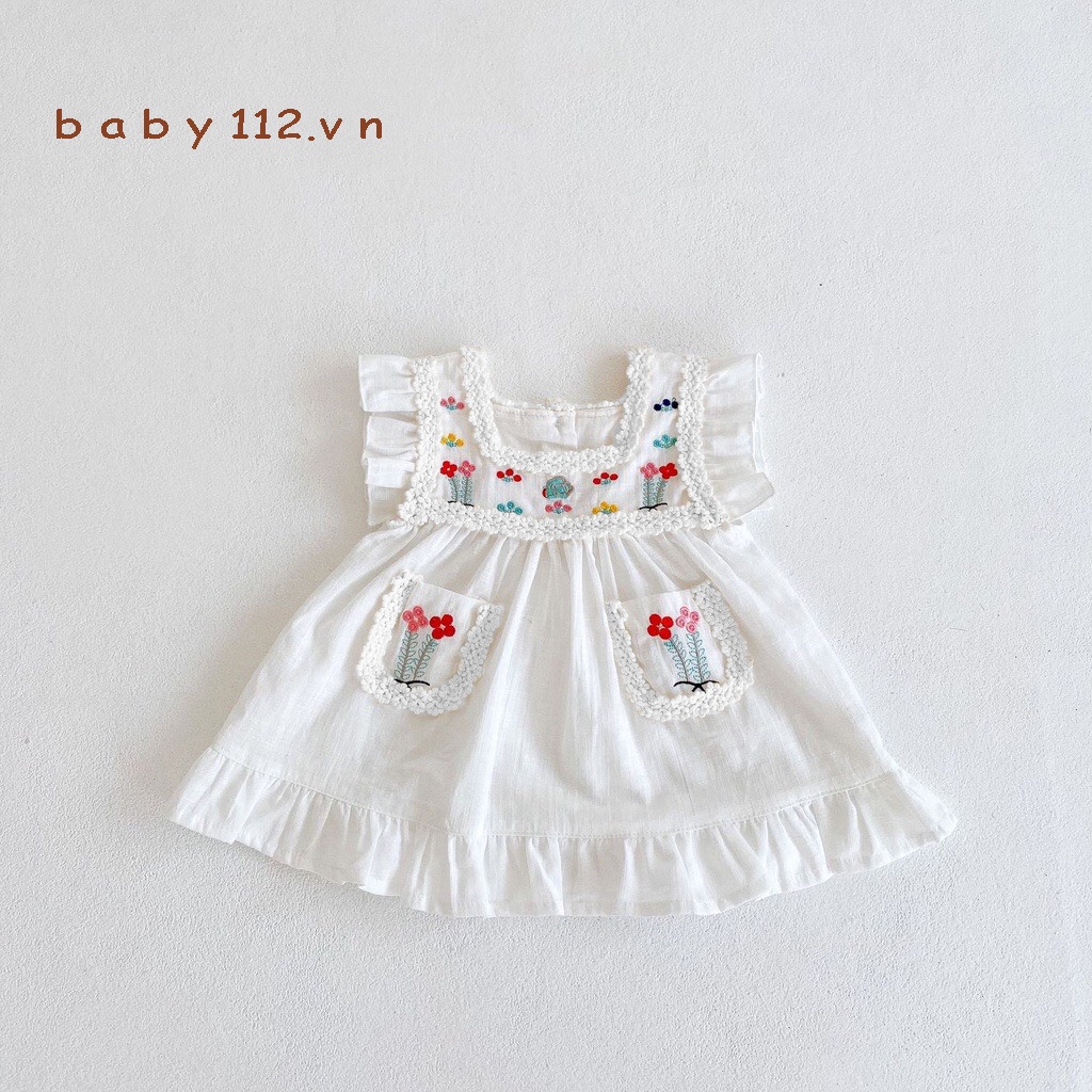 Váy đầm cho bé gái sơ sinh trẻ em đến 2 tuổi BABY112.VN chất liệu cotton thoáng mát mềm mịn thêu họa tiết nhiều hoa B011