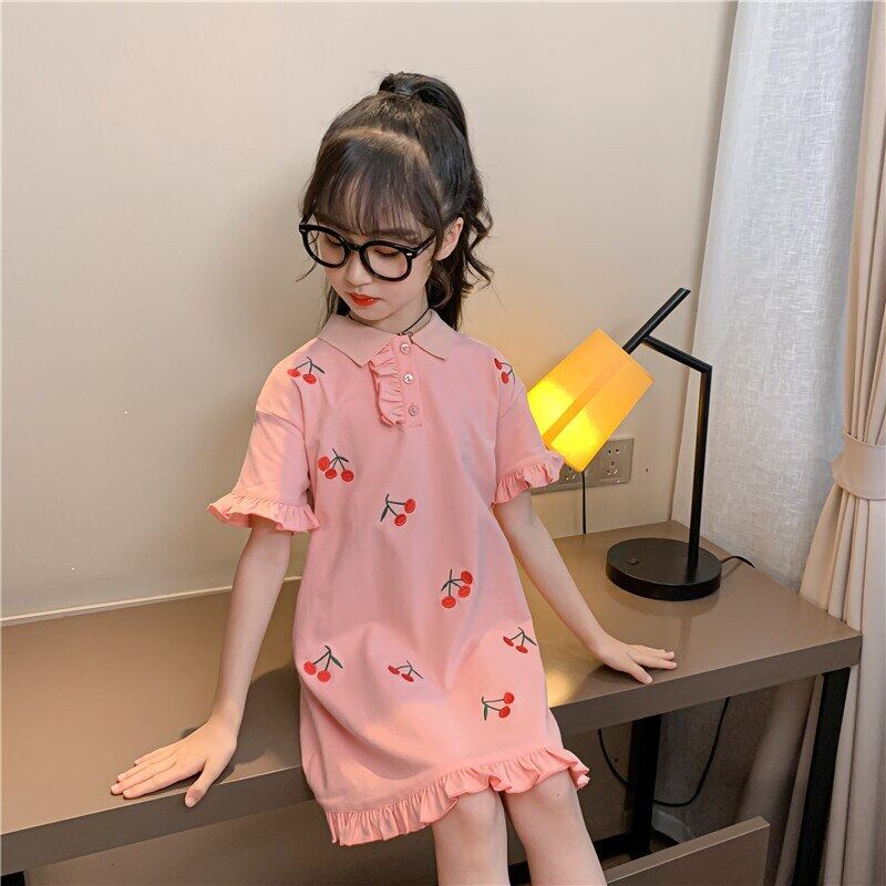 Đầm Mùa Hè Tay Cộc Dáng Suông In Họa Tiết Cherry Thời Trang 2022 Cho Bé Gái 5-12 Tuổi