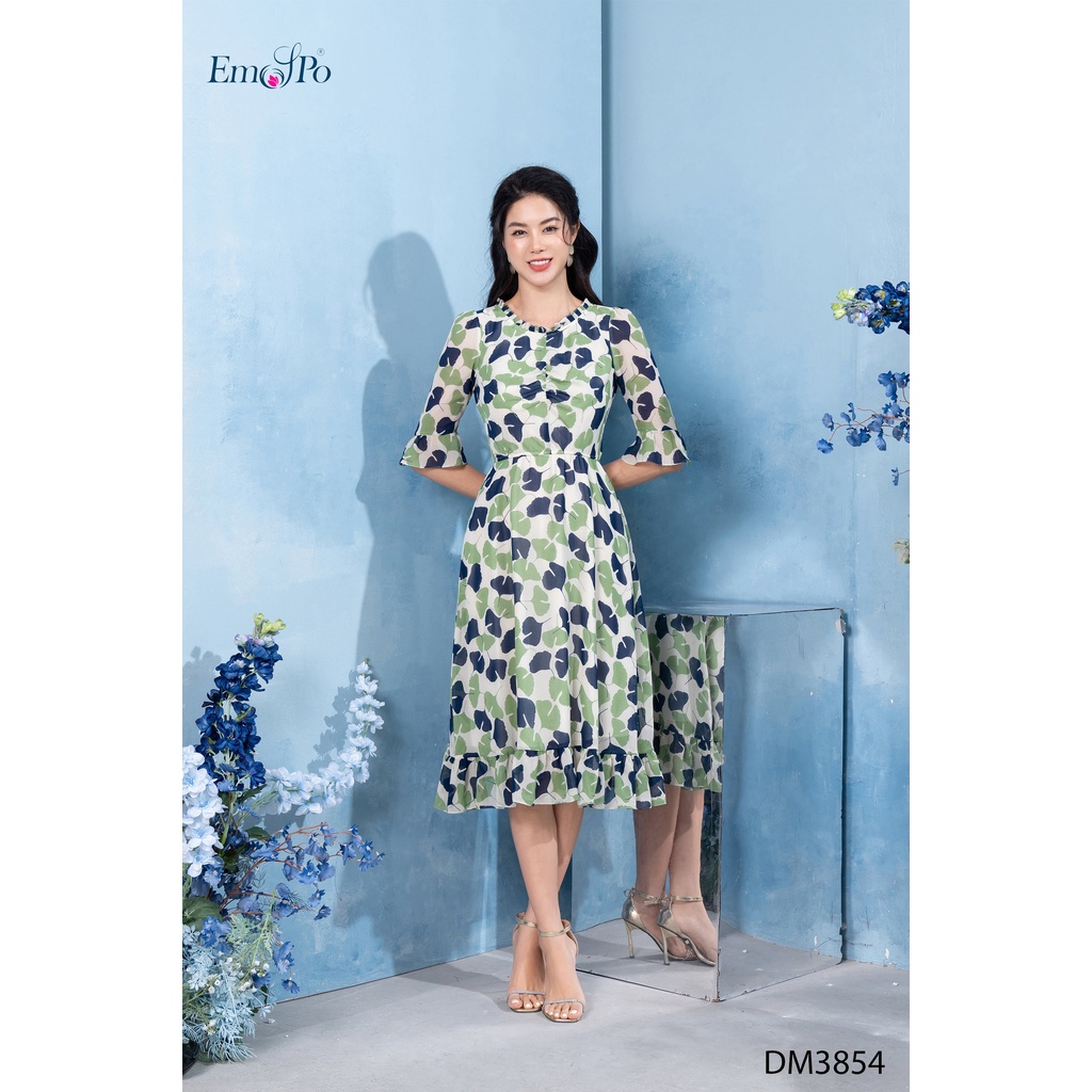 Đầm hoa lá nữ cổ tròn thời trang, tay lửng Emspo DM3854