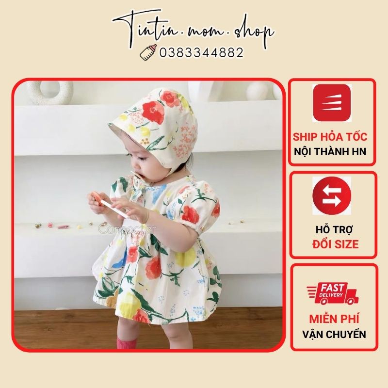 Set váy hoa thô vintage kèm mũ bèo xinh xắn cho bé gái 0-24M