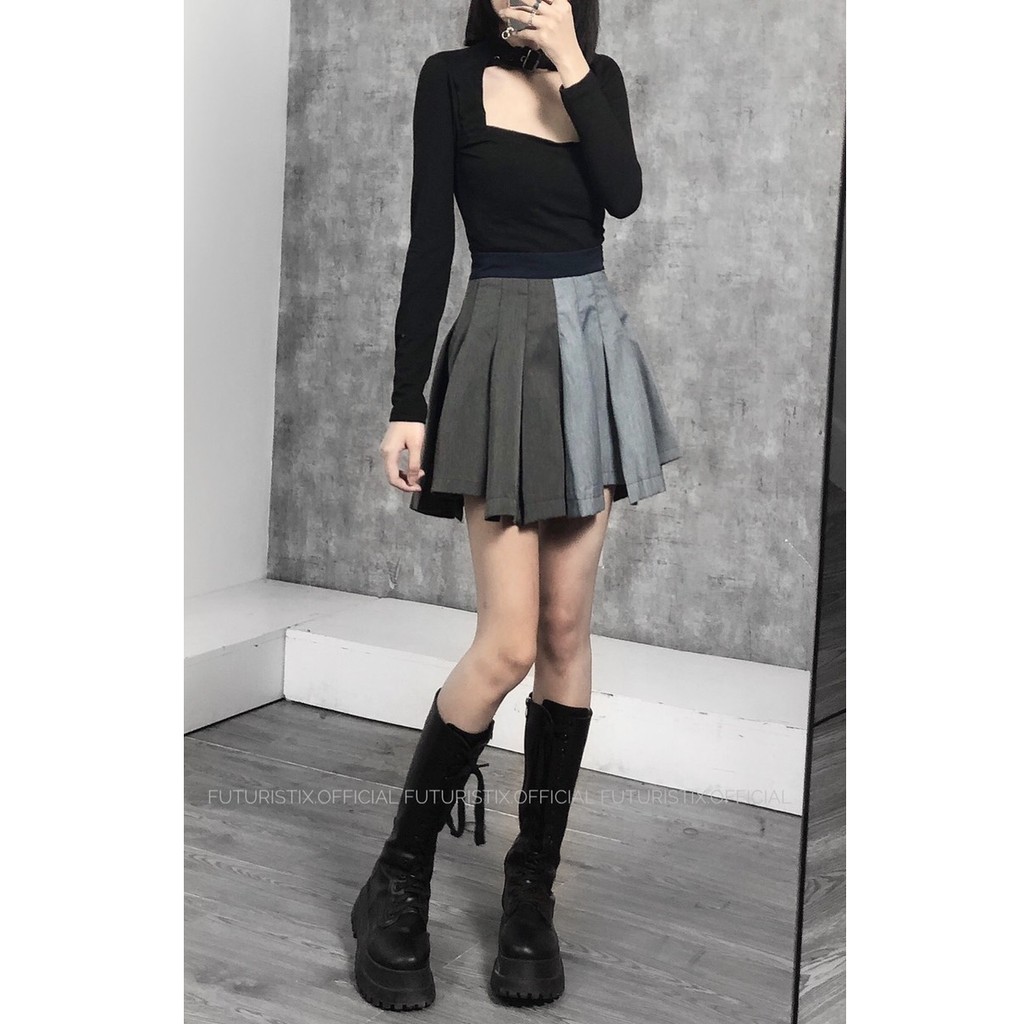 Chân Váy Xếp Ly Nửa Xám CV105 Mix Croptop Khoét Ngực Dài Tay A376 + Boots Cổ Cao Đế Dày G075 | BigBuy360 - bigbuy360.vn