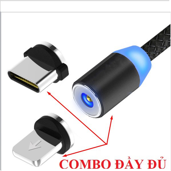 [COMBO BỘ CÁP 3 ĐẦU LOẠI TỐT] Cáp sạc từ hút nam châm đầu Iphone- micro USB - Type C - Dây dù - xoay 360 độ có LED