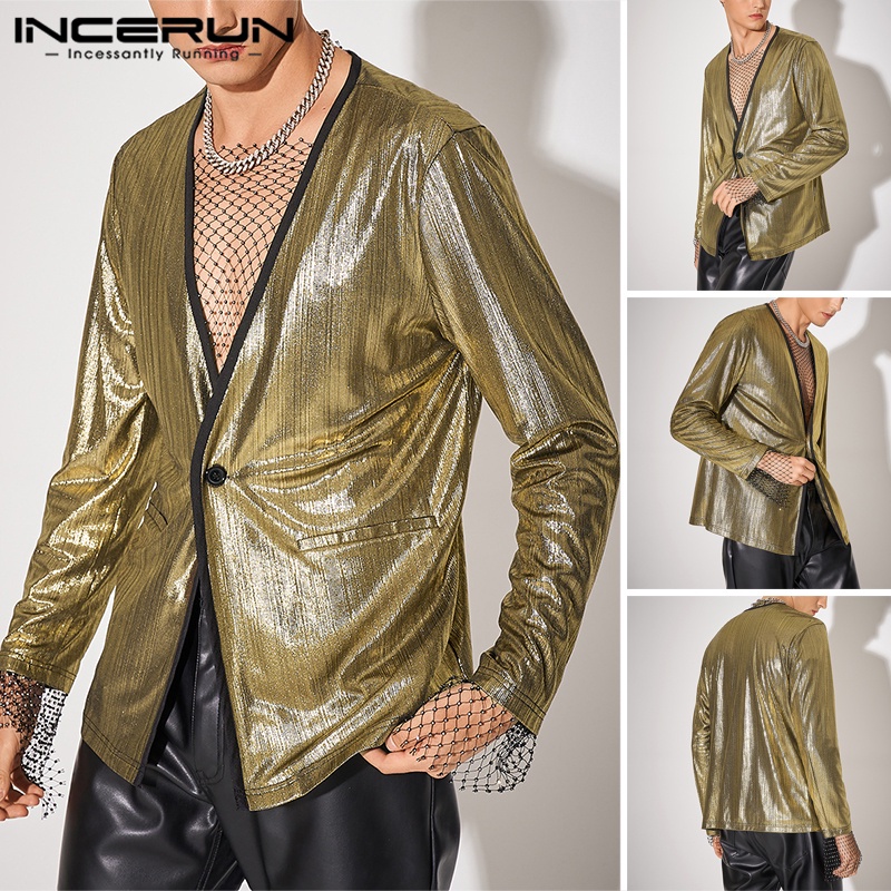 Áo khoác INCERUN nam tay dài cổ chữ V màu ánh kim lấp lánh gợi cảm