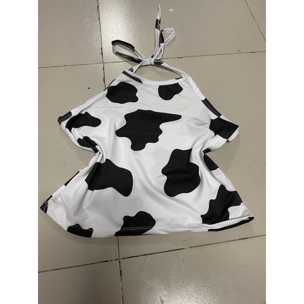 Áo croptop nữ kiểu yếm phối dây nơ cổ họa tiết bò sữa và vằn chất vải thun cotton FreeSize dưới 52kg