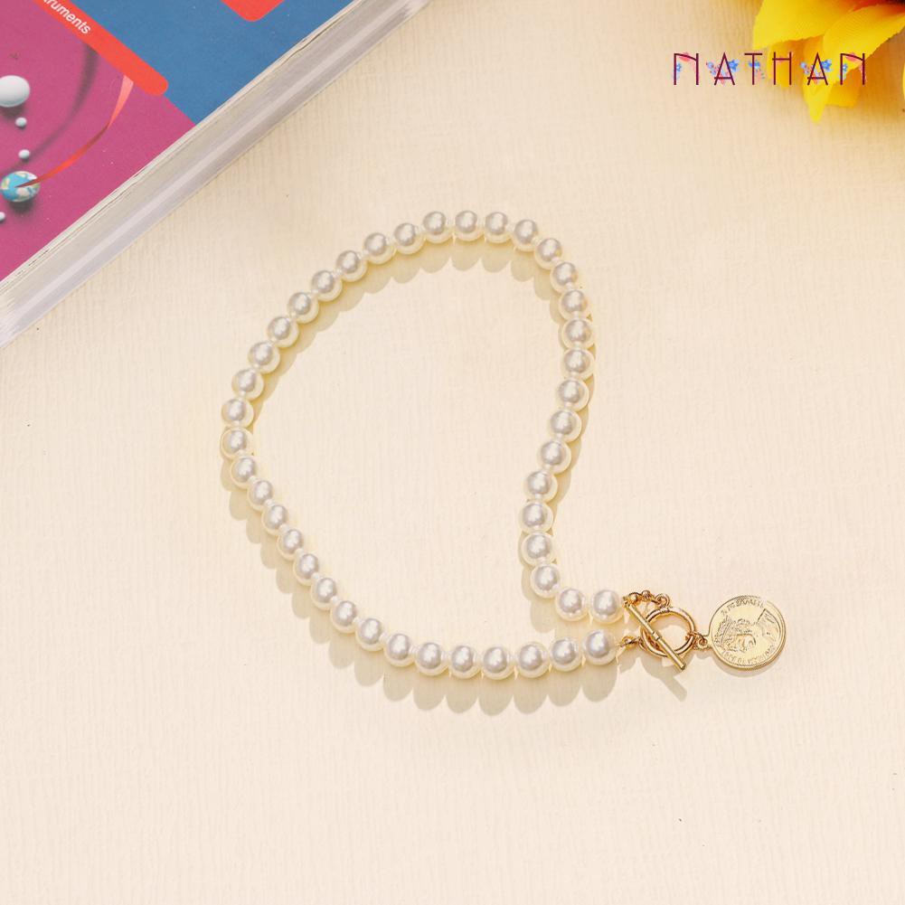 Nathan Elegant Chain Pearl Necklace Women Portrait Coin Pendants Choker Jewelry