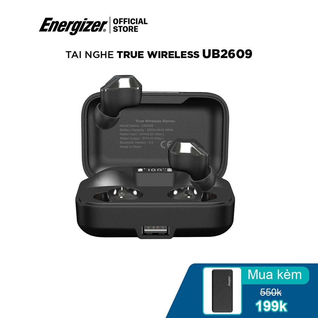 [Mã ELDTR70 giảm 8% đơn 599K] Tai nghe True Wireless Energizer UB2609, Bluetooth V5.0, tích hợp sạc dự phòng,kháng nước