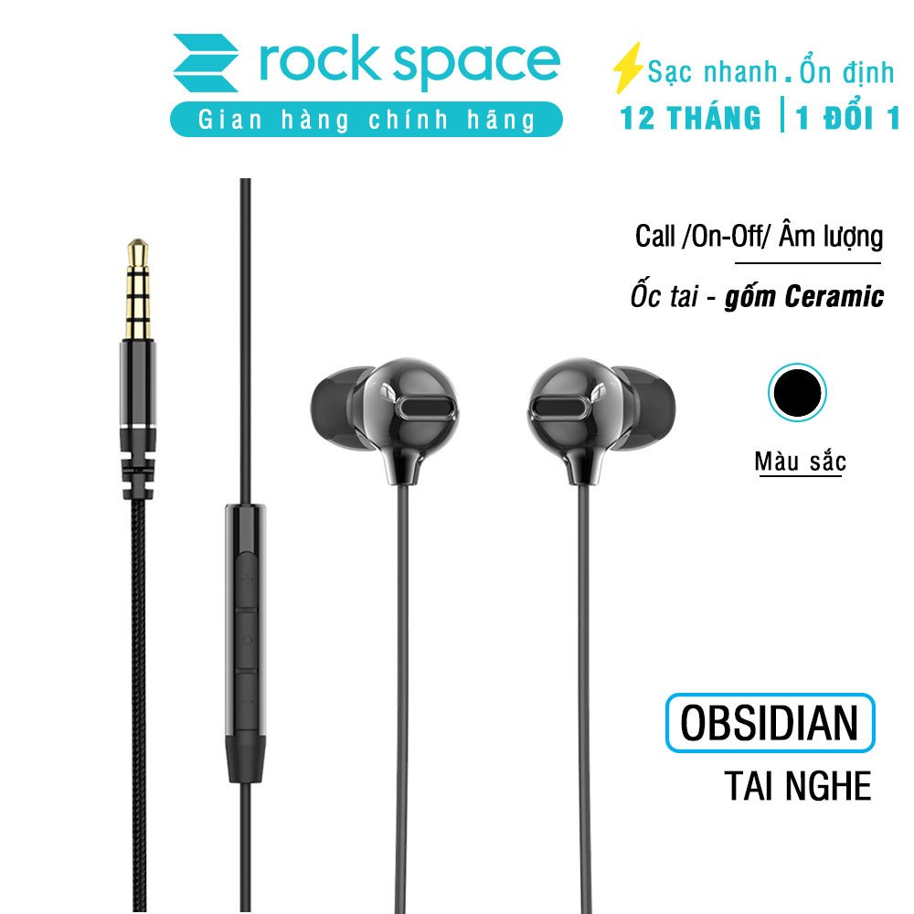 Tai nghe dây 3.5mm Rockspace Obsidian nghe nhạc, chơi game nhét tai có mic - Hàng chính hãng bảo hành 1 năm