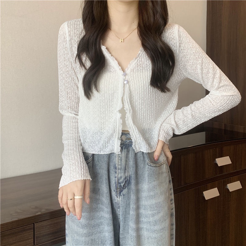 Áo Khoác Cardigan Dệt Kim Mỏng Phối Ren Cổ Chữ v Thời Trang Mùa Hè Dành Cho Nữ