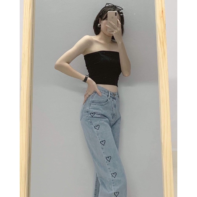 QUẦN JEANS SUÔNG THÊU TIM CẠP CAO [fs50k]