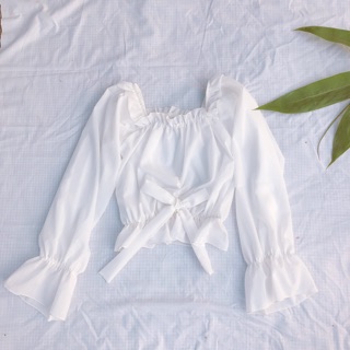 ÁO CROPTOP CỘT NƠ TAY LOE(kèm ảnh tự chụp)