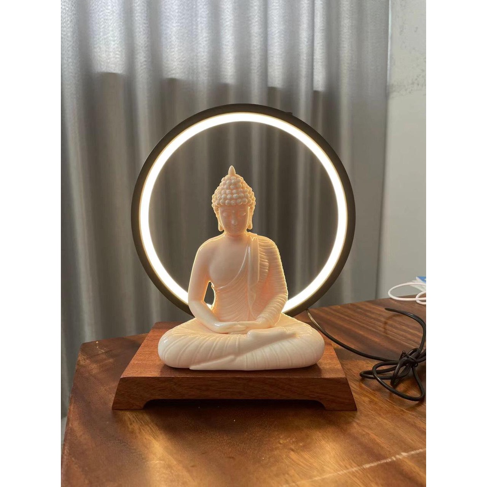 kệ đèn led đặt tượng, mô hình cỡ nhỏ ( giá chưa bao gồm tượng)-đường kính vòng 20cm, đế gỗ gụ rộng 15 x sâu 10cm