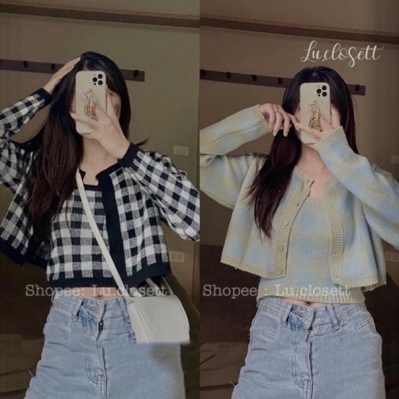 Set áo khoác cardigan len kèm áo 2 dây croptop hoạ tiết kẻ ô phong cách ulzzang LU.CLOSETT