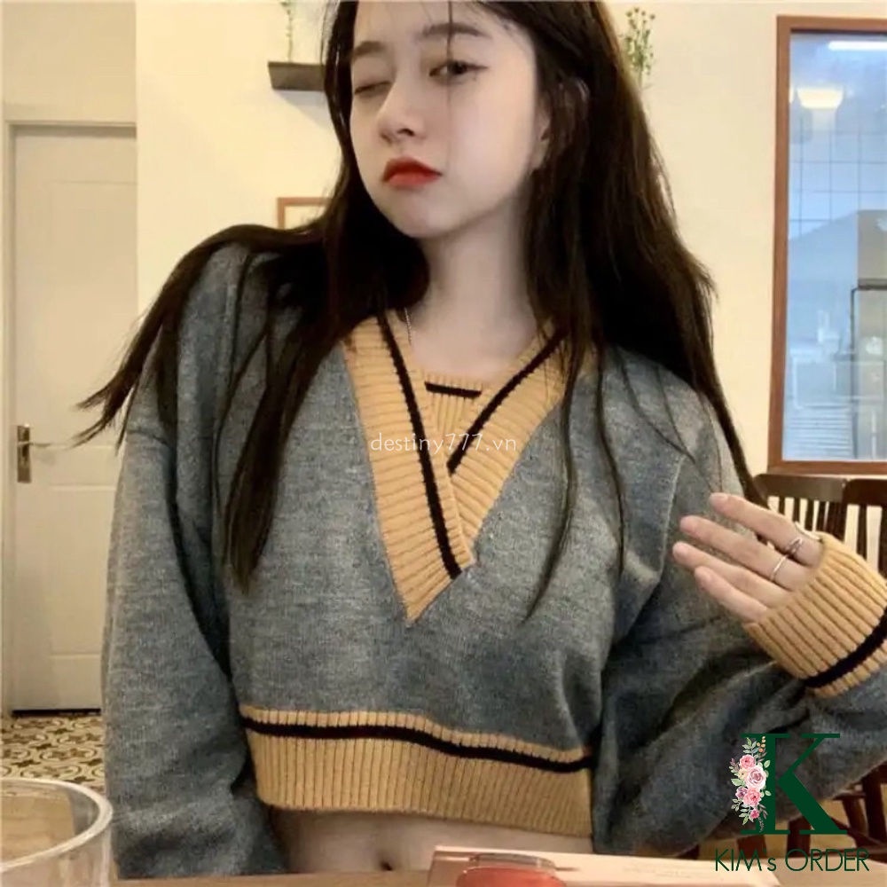 Áo len croptop tay dài cổ chữ V phong cách Hàn Quốc cho nữ
