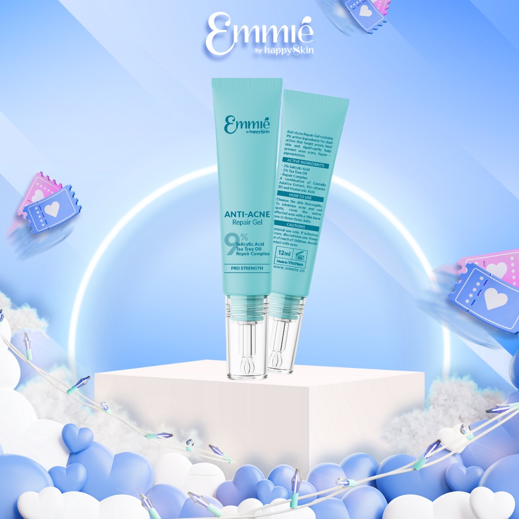 Gel chấm mụn Emmié 9% BHA, Tràm Trà Tea Tree, Rau Má, B5 giảm mụn cấp tốc 3 trong 1 Emmie By Happy skin Anti Acne Repair