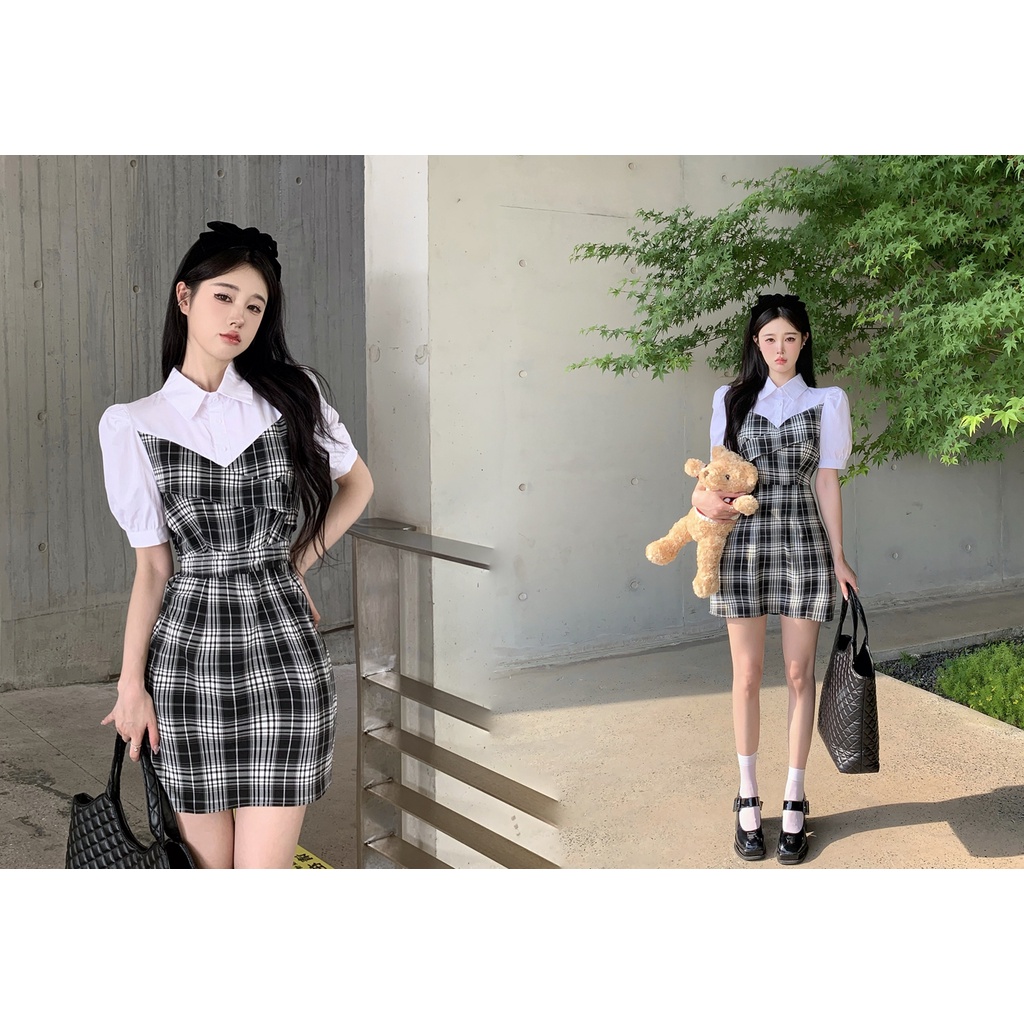 Đầm Sơ Mi Ngắn Tay Giả Hai Lớp Họa Tiết Caro Phong Cách Hàn Quốc Chất Lượng Cao