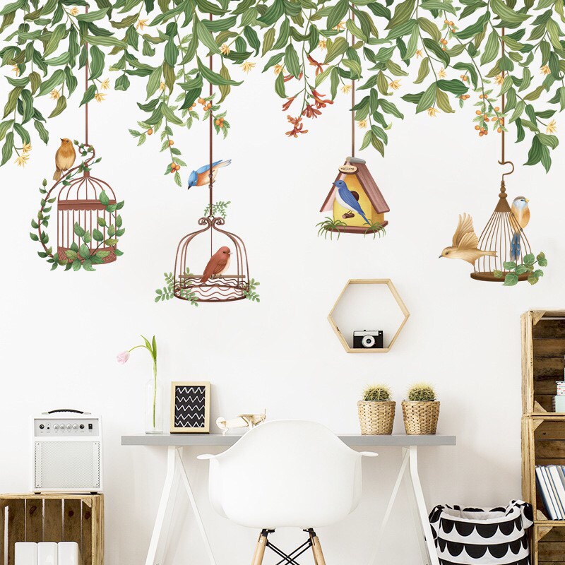 Decal dán tường dây hoa lồng chim pc bắc âu
