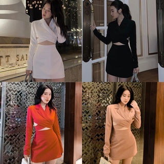 Set áo croptop cổ vest quấn chéo eo + chân váy 4 màu