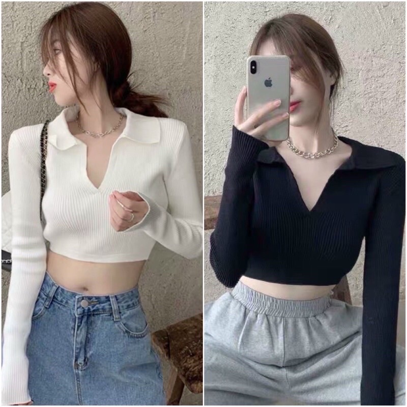 áo len tăm croptop tay dài hở lưng cổ bẻ xinh xắn