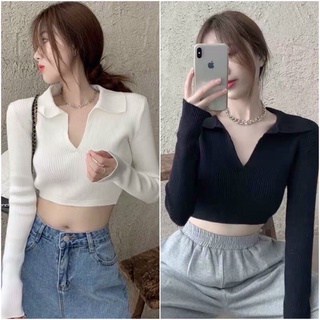 áo len tăm croptop tay dài hở lưng cổ bẻ xinh xắn