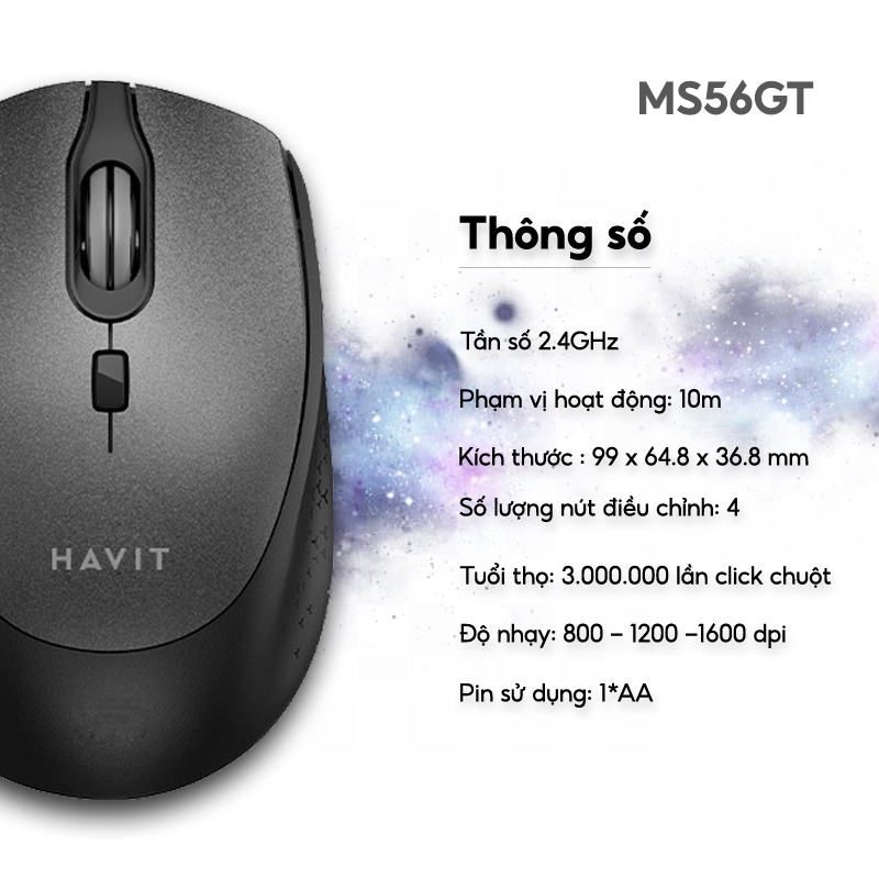 【Giao hàng nhanh】Chuột Không Dây HAVIT MS56GT 3 Chế Độ DPI, Tích Hợp 4 Nút Điều Chỉnh - Chính Hãng BH 12 Tháng