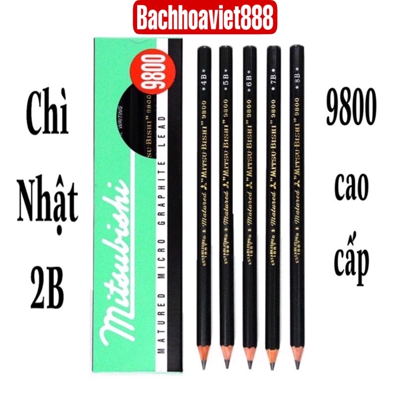 Bút chì Nhật 2B Uni Mitsubishi 9800, chì phác thảo dụng cụ vẽ tập viết cao cấp cho bé