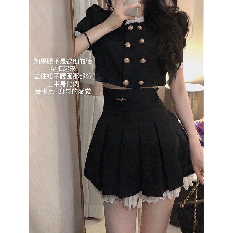 Bộ đồng phục JK màu đen gồm áo khoác và chân váy xếp ly kiểu mùa hè kiểu dáng nhỏ nhắn cho nữ