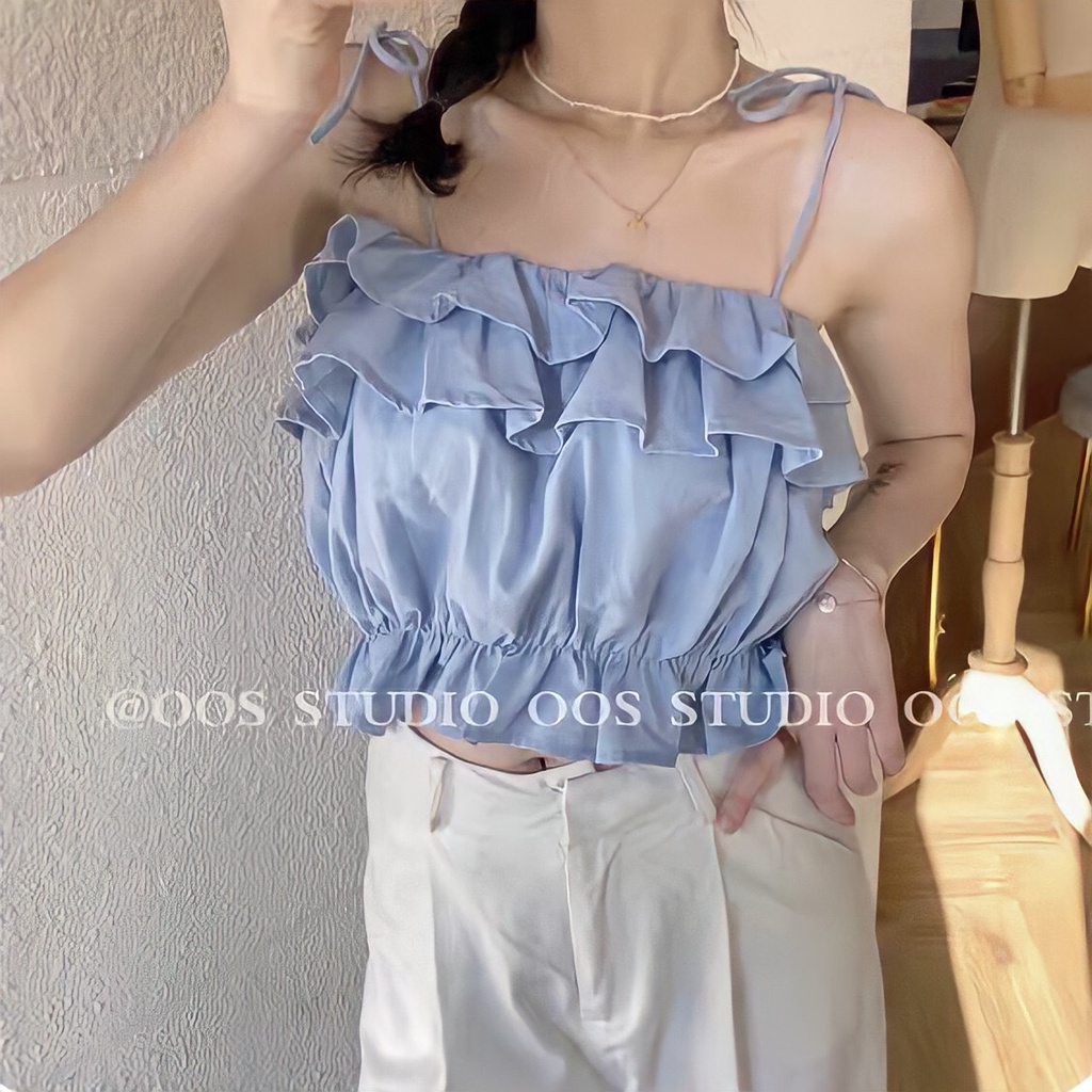 Áo Hai Dây Croptop Suông Tầng Bánh Bèo Vai Buộc Nơ - Áo 2 Dây Nữ Chun Eo Dúm Ngực Ulzzang