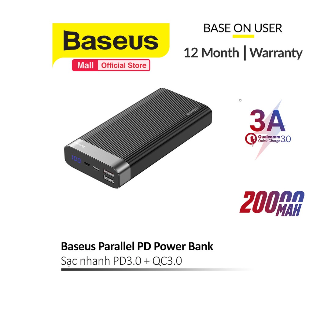 Pin sạc dự phòng Baseus Parallel PD Power Bank 20000mAh sạc nhanh 3A màn hình Led kỹ thuật số hiển thị dung lượng pin