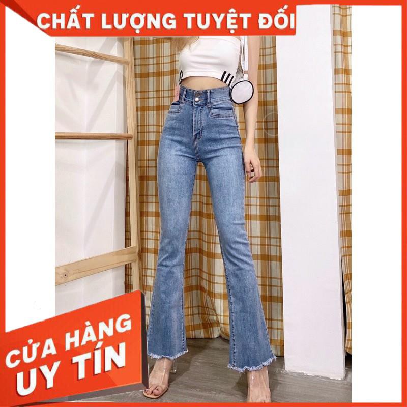 QUẦN JEANS DÀI ỐNG LOE NHẸ CO GIÃN LƯNG CAO 2 Nút- ảnh thật toàn bộ