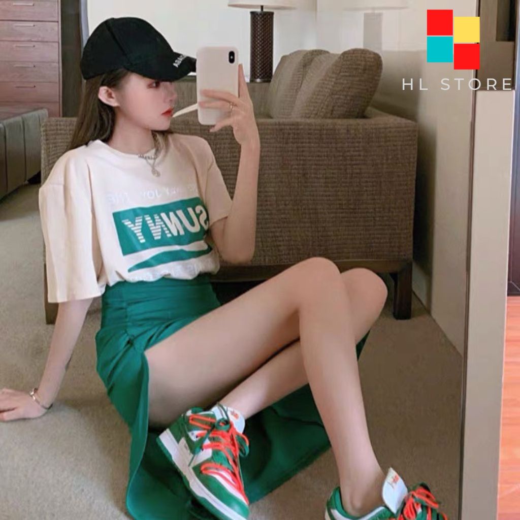 Set áo thun tay ngắn Sunny + Chân váy chữ A lưng cao xẻ đùi phong cách Ulzzang HL01 | BigBuy360 - bigbuy360.vn
