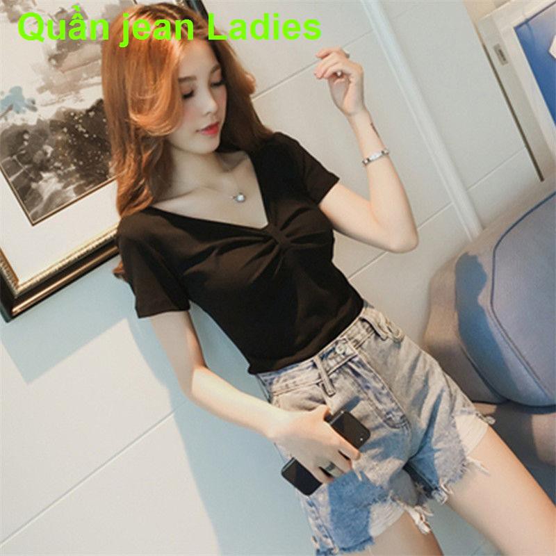 [95% cotton] bông ngắn tay trắng nữ mùa hè Áo phông phụ cổ mảnh mai trên cùng sơ mi dưới đáy thon gọn gợi cảm