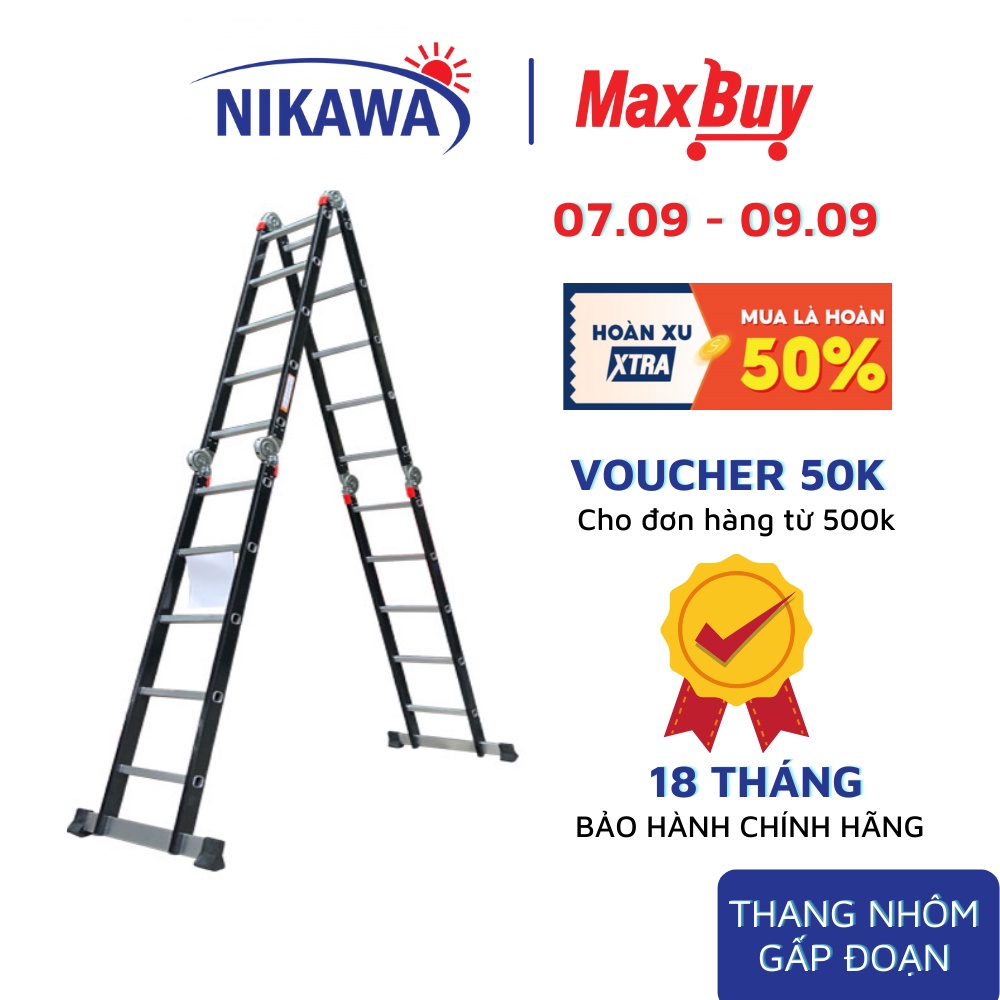 Thang nhôm, thang gấp Nikawa NKG-45, 5 bậc 4 đoạn, thang đa năng nhập khẩu Nhật Bản, bảo hành 18 tháng