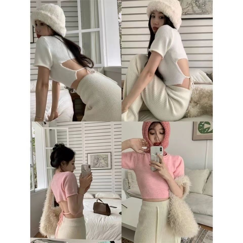 COZOK Áo Croptop Dệt Kim Tay Ngắn Thiết Kế Hở Lưng Quyến Rũ