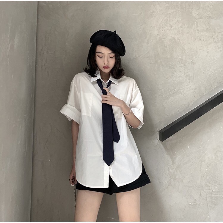 Áo sơ mi unisex tay lỡ phối cà vạt thời trang ulzzang màu trắng GuuZ Fashionista