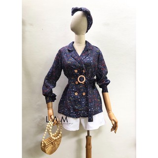 Áo cổ vest vải linen hoa nhí