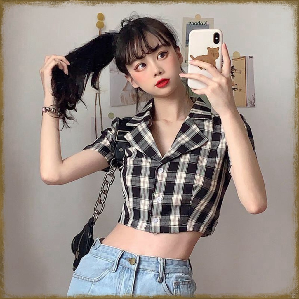 (Hot 2020)   Áo Sơ Mi Croptop Tay Ngắn Kẻ Sọc Caro Thời Trang Cho Nữ - Croptop Caro Kẻ Tím Đen Đỏ Hồng Vàng Xanh