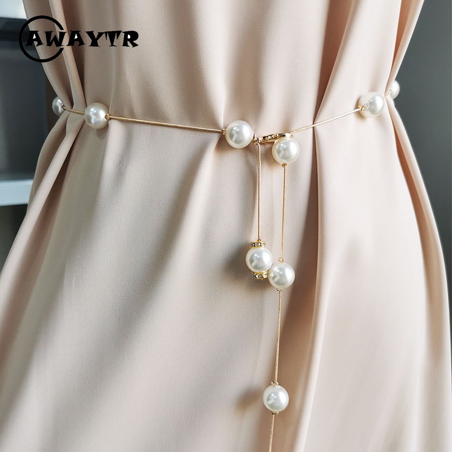 Thắt Lưng Dây Xích Mỏng Đính Ngọc Trai Kim Cương Giả Đơn Giản Ngọt Ngào Thời Trang Hàn Quốc