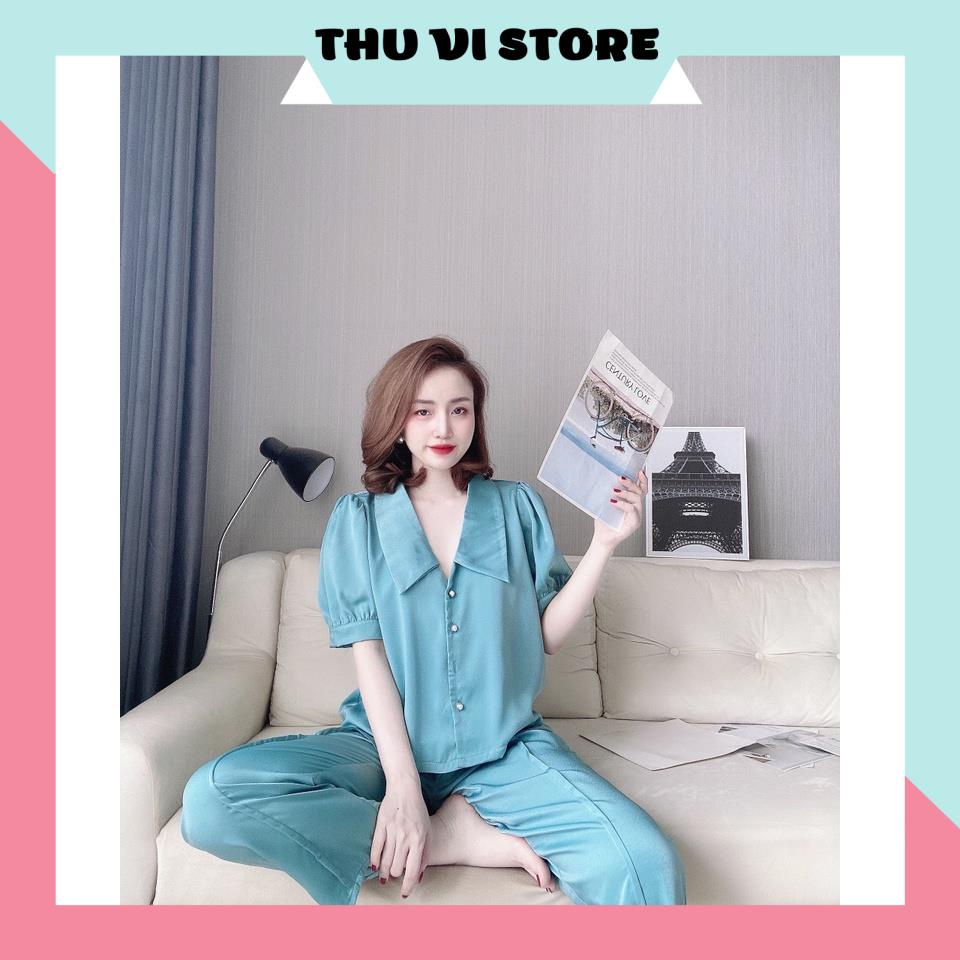 Đồ Lụa Mặc Nhà, Đồ Bộ Nữ Đồ Ngủ Áo Cổ Sen Quần Dài Chất Lụa Santin Mềm Mịn Nhiều Màu Form Dáng Rộng Rãi Dưới 60kg Mặc Vừ