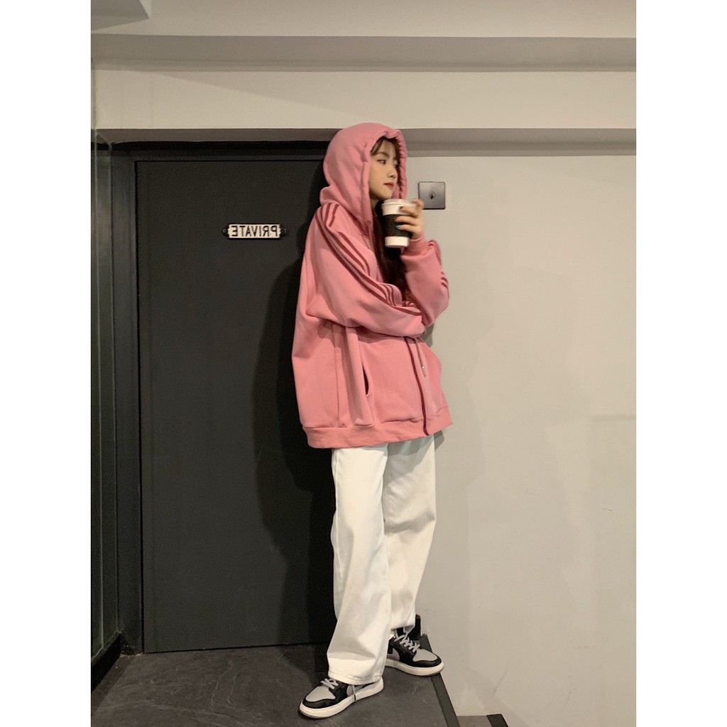 Áo khoác nỉ bông Ulzzang kẻ sọc nhiều màu năng động, Áo khoác nữ form rộng Hàn Quốc