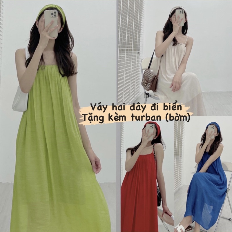 Đầm hai dây đi biển, Váy maxi 2 dây kèm turban vải dáng dài cực xinh