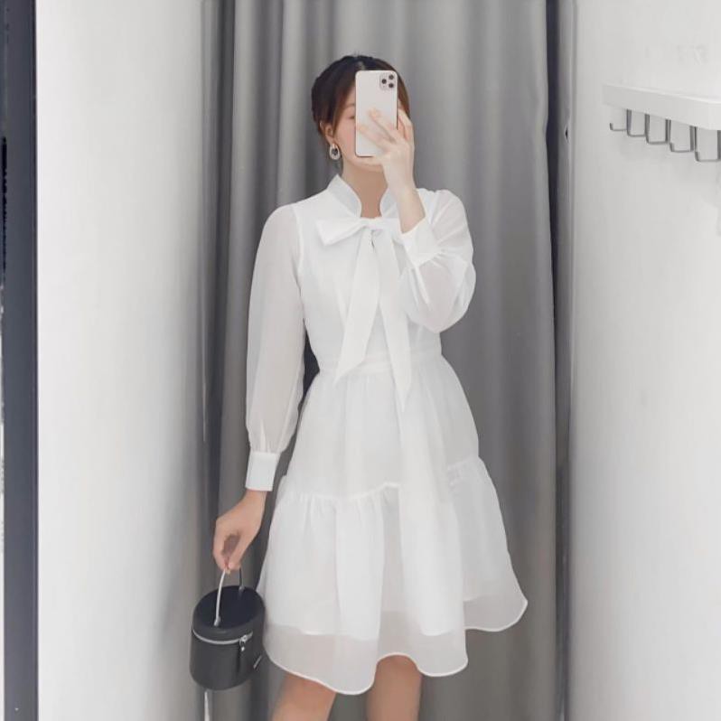 Váy Nữ, Đầm công sở trắng xanh nơ ngực tơ tầng xinh xắn | BigBuy360 - bigbuy360.vn