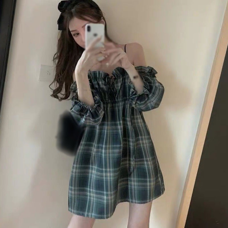 French Strap Off Shoulder Bubble Sleeve Fairy Retro Waist Check Dress | BigBuy360 - bigbuy360.vn