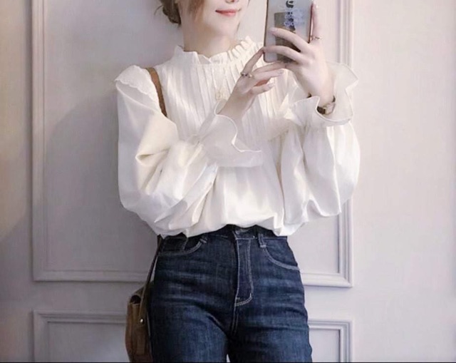 Áo sơ mi đũi dài tay cổ bèo cúc sau babydoll