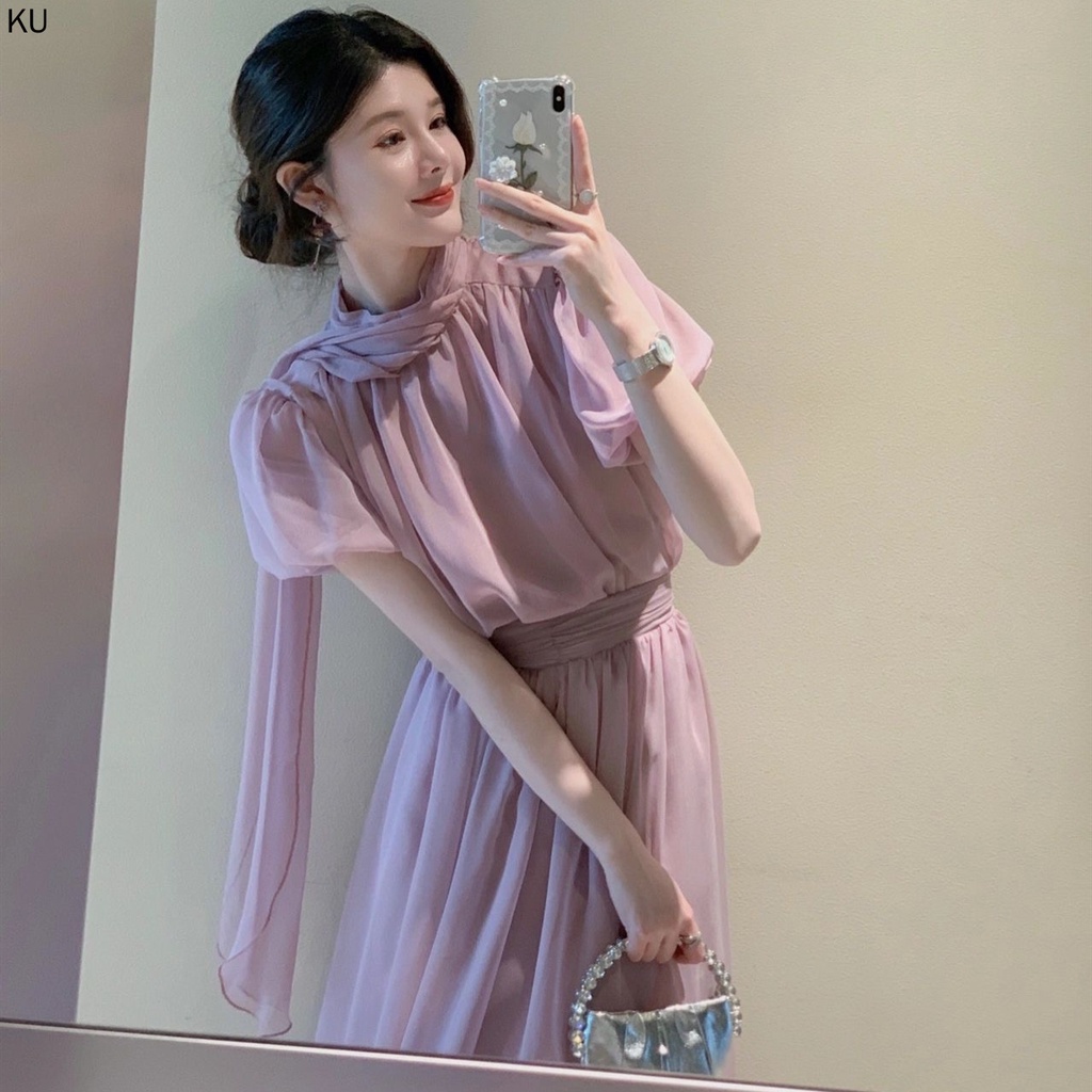 Bộ Áo Tay Ngắn + Chân Váy Lửng Màu Tím Thời Trang Mùa Hè Xinh Xắn Cho Nữ