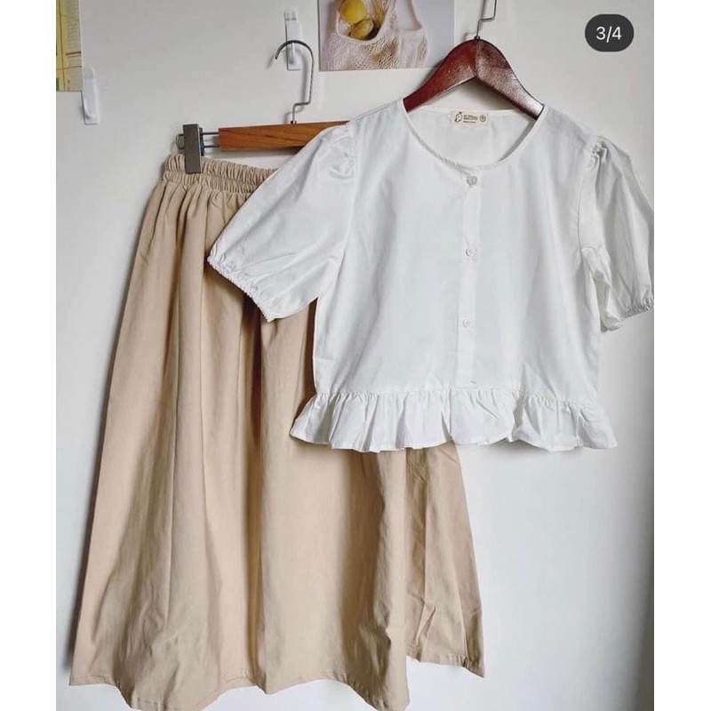 Áo croptop❤️Hình thật❤️Set áo crop trắng+ chân váy xoè