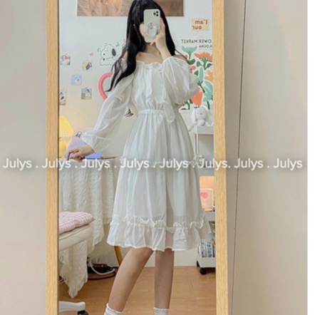 váy trắng tiểu thư trễ vai tay bồng dáng dài hai lớp, đầm trắng dự tiệc bánh bèo thắt nơ