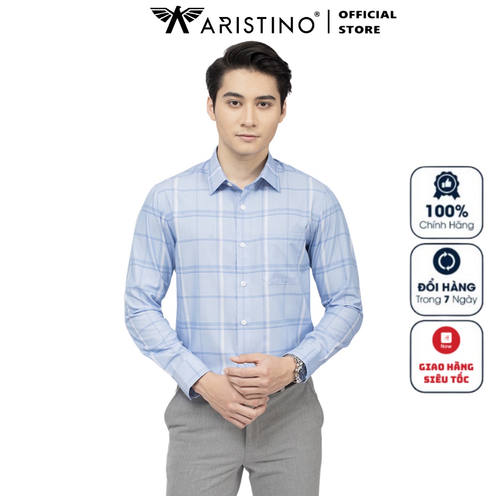 Áo Sơ Mi Nam Dài Tay ARISTINO ALS42802 Somi Công Sở Cao Cấp màu xanh kẻ trắng vải sợi sồi dáng Suông tà lượn có túi