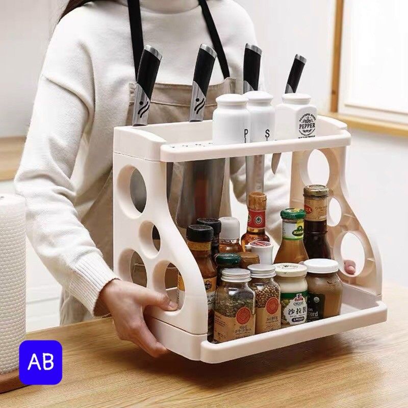 Kệ đựng da vị 2tầng có khe cài dao kệ đựng gia vị nhựa cao cấp