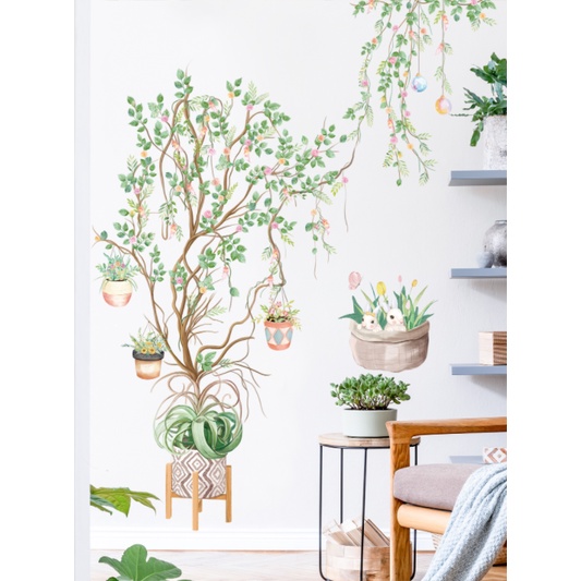 Decal trang trí tường - Chậu cây hoa với nhiều cành
