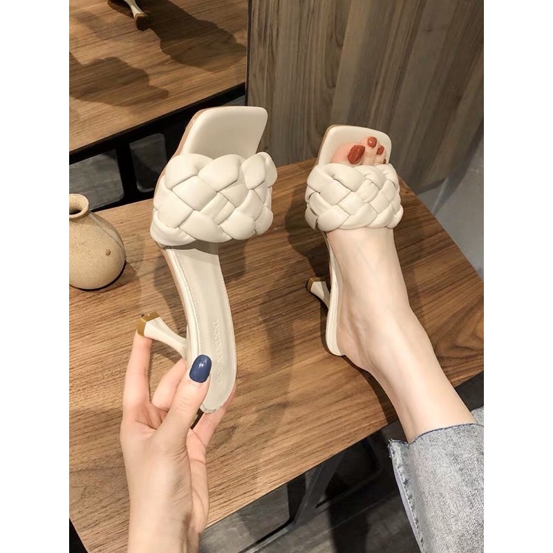 Guốc lê nữ quai ngang dây bện phồng gót cao 5cm